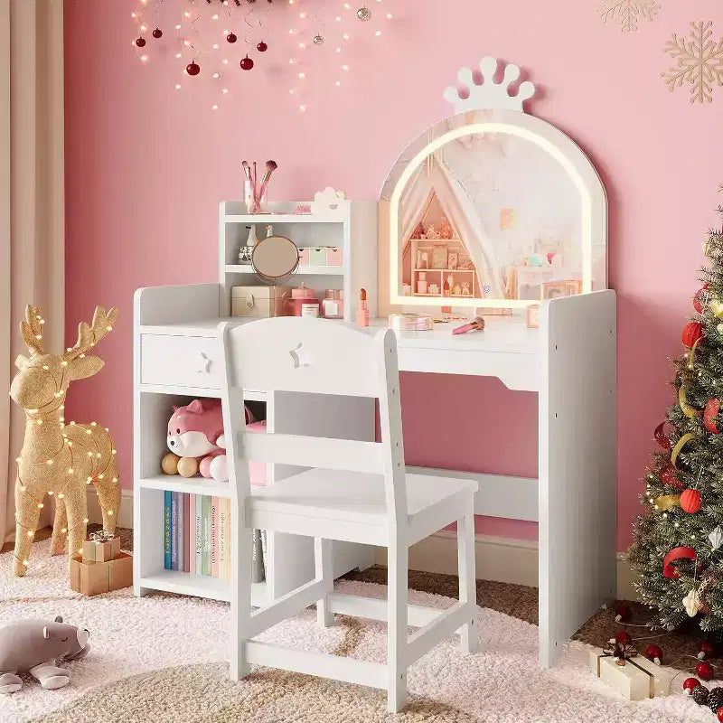 Toeletta per Bambini con Specchio Illuminato a LED, Tavolo e Sedia per Toeletta da Principessa 2-in-1 con Libreria, Mobiletto e Ripiani per Bambine