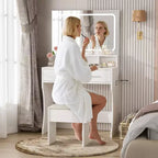 Tavolo da Trucco con Specchio e Luci, Toeletta da Trucco per Ragazze con Cassetti, Scaffali Aperti e Sgabello Imbottito, Tavolino in Legno per Camera da Letto