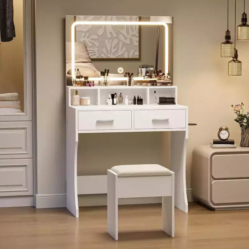 Tavolo da Trucco con Specchio e Luci, Toeletta da Trucco per Ragazze con Cassetti, Scaffali Aperti e Sgabello Imbottito, Tavolino in Legno per Camera da Letto