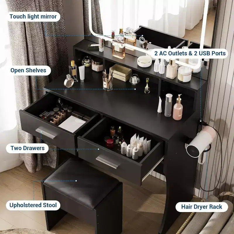 Tavolo da Trucco con Specchio e Luci, Toeletta da Trucco per Ragazze con Cassetti, Scaffali Aperti e Sgabello Imbottito, Tavolino in Legno per Camera da Letto