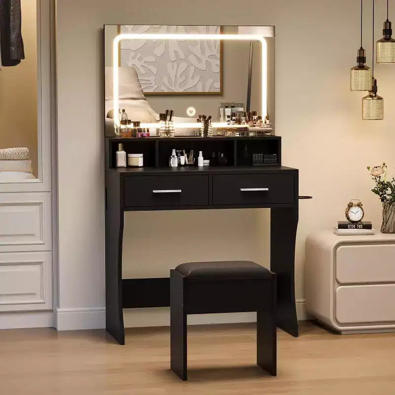 Tavolo da Trucco con Specchio e Luci, Toeletta da Trucco per Ragazze con Cassetti, Scaffali Aperti e Sgabello Imbottito, Tavolino in Legno per Camera da Letto