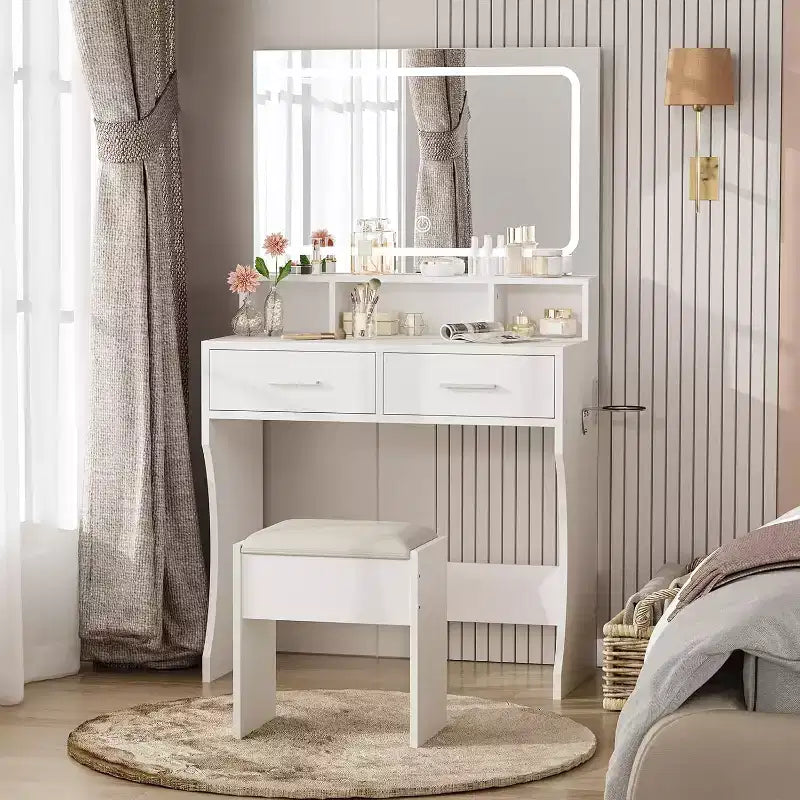 Tavolo da Trucco con Specchio e Luci, Toeletta da Trucco per Ragazze con Cassetti, Scaffali Aperti e Sgabello Imbottito, Tavolino in Legno per Camera da Letto