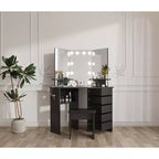 Makeup Vanity Desk Set, Corner Vanity Desk with Stool, 5 Rotating Drawers, Brightness Adjustable, for Bedroom, Living Room