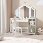 Tavolo e Sedia da Toilette per Bambini, Tavolo e Sedia da Trucco per Principessa, Specchio Tri-Pieghevole Rimovibile, Tavolo da Trucco in Legno per Bambini, per Camera da Letto