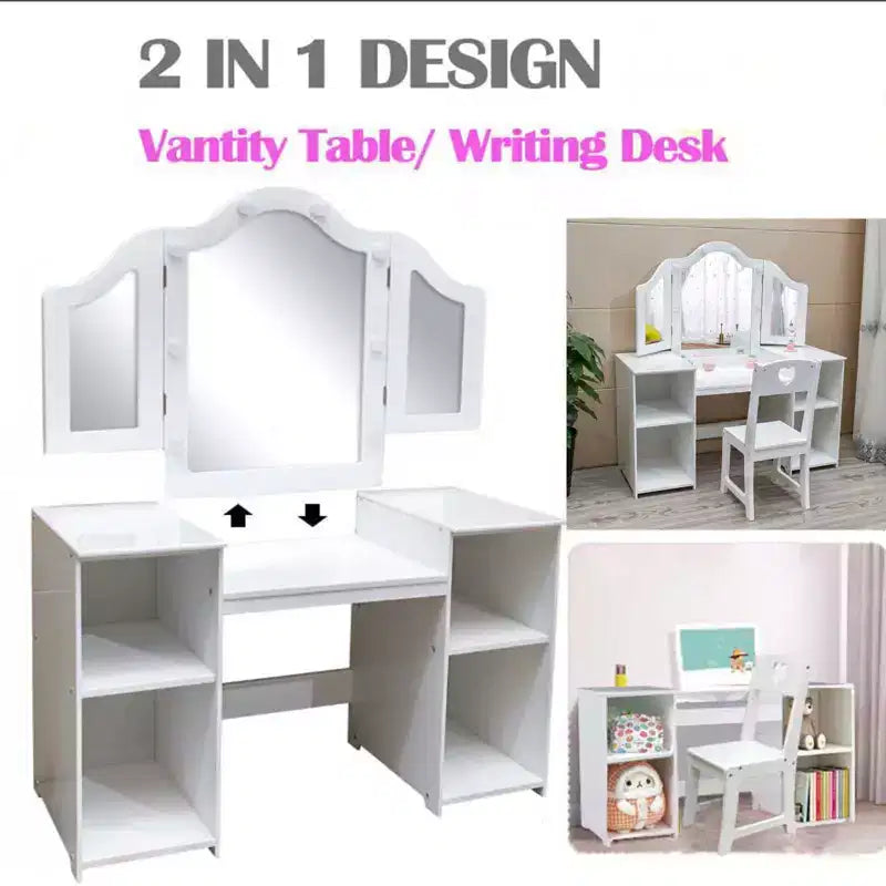 Tavolo e Sedia da Toilette per Bambini, Tavolo e Sedia da Trucco per Principessa, Specchio Tri-Pieghevole Rimovibile, Tavolo da Trucco in Legno per Bambini, per Camera da Letto