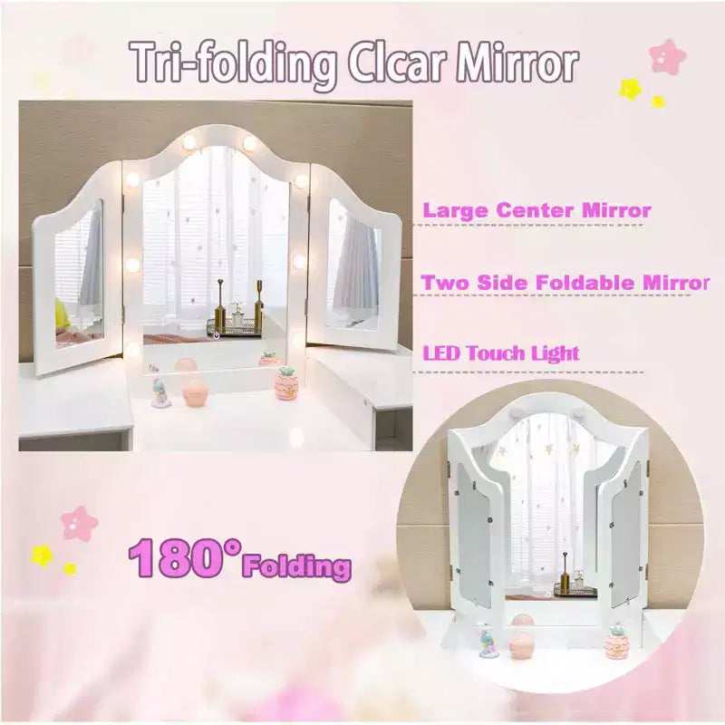 Tavolo e Sedia da Toilette per Bambini, Tavolo e Sedia da Trucco per Principessa, Specchio Tri-Pieghevole Rimovibile, Tavolo da Trucco in Legno per Bambini, per Camera da Letto