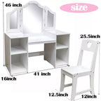Tavolo e Sedia da Toilette per Bambini, Tavolo e Sedia da Trucco per Principessa, Specchio Tri-Pieghevole Rimovibile, Tavolo da Trucco in Legno per Bambini, per Camera da Letto