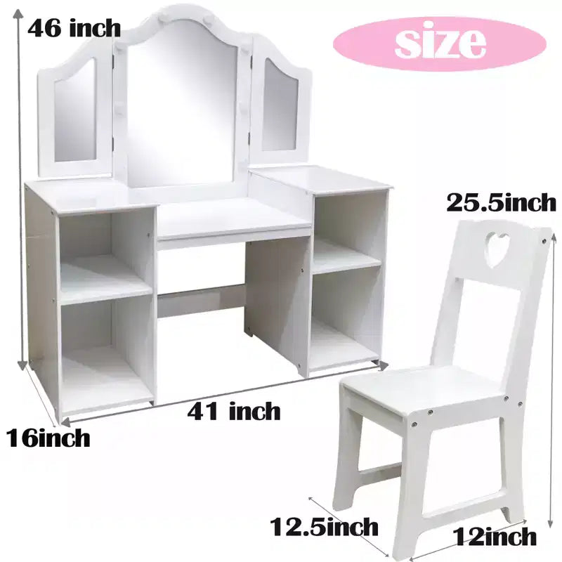 Tavolo e Sedia da Toilette per Bambini, Tavolo e Sedia da Trucco per Principessa, Specchio Tri-Pieghevole Rimovibile, Tavolo da Trucco in Legno per Bambini, per Camera da Letto
