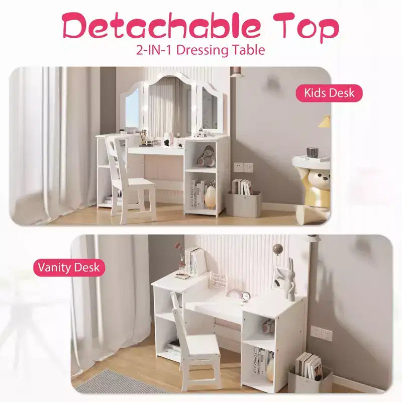 Tavolo e Sedia da Toilette per Bambini, Tavolo e Sedia da Trucco per Principessa, Specchio Tri-Pieghevole Rimovibile, Tavolo da Trucco in Legno per Bambini, per Camera da Letto
