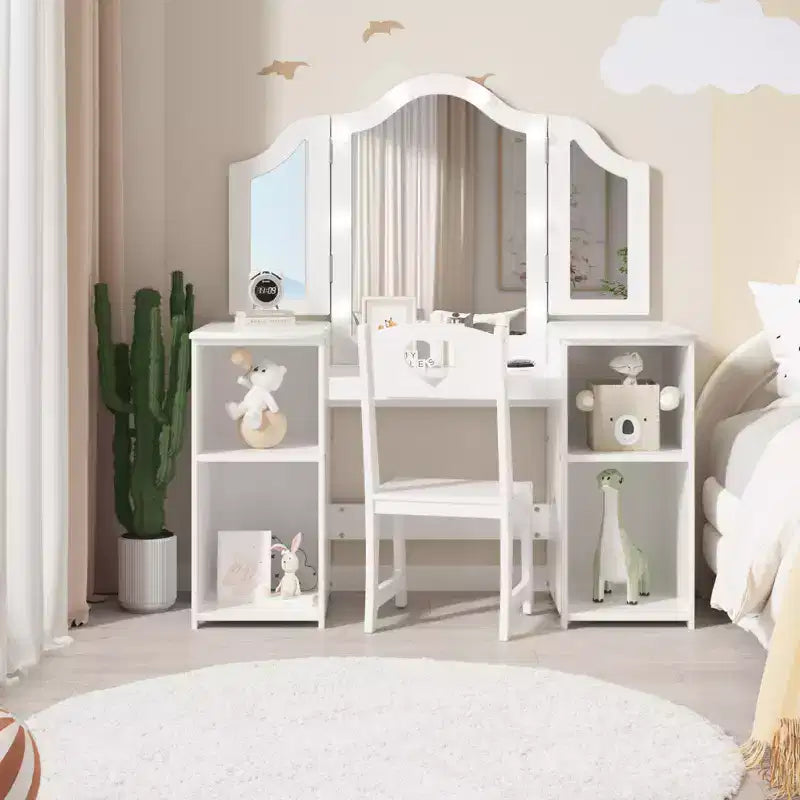 Tavolo e Sedia da Toilette per Bambini, Tavolo e Sedia da Trucco per Principessa, Specchio Tri-Pieghevole Rimovibile, Tavolo da Trucco in Legno per Bambini, per Camera da Letto