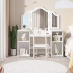 Tavolo e Sedia da Toilette per Bambini, Tavolo e Sedia da Trucco per Principessa, Specchio Tri-Pieghevole Rimovibile, Tavolo da Trucco in Legno per Bambini, per Camera da Letto