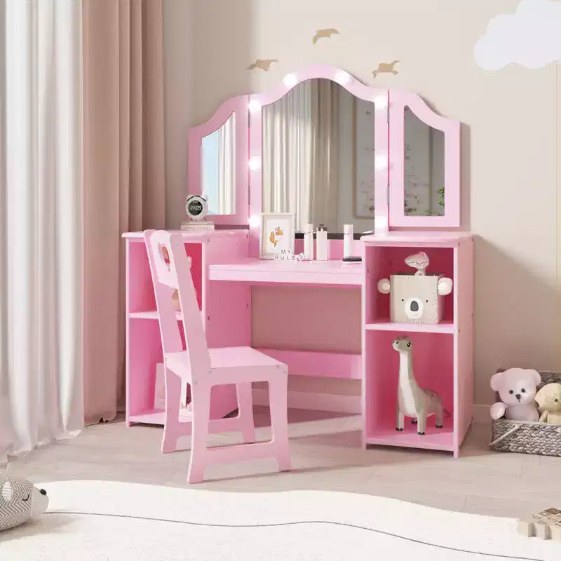 Tavolo e Sedia da Toilette per Bambini, Tavolo e Sedia da Trucco per Principessa, Specchio Tri-Pieghevole Rimovibile, Tavolo da Trucco in Legno per Bambini, per Camera da Letto