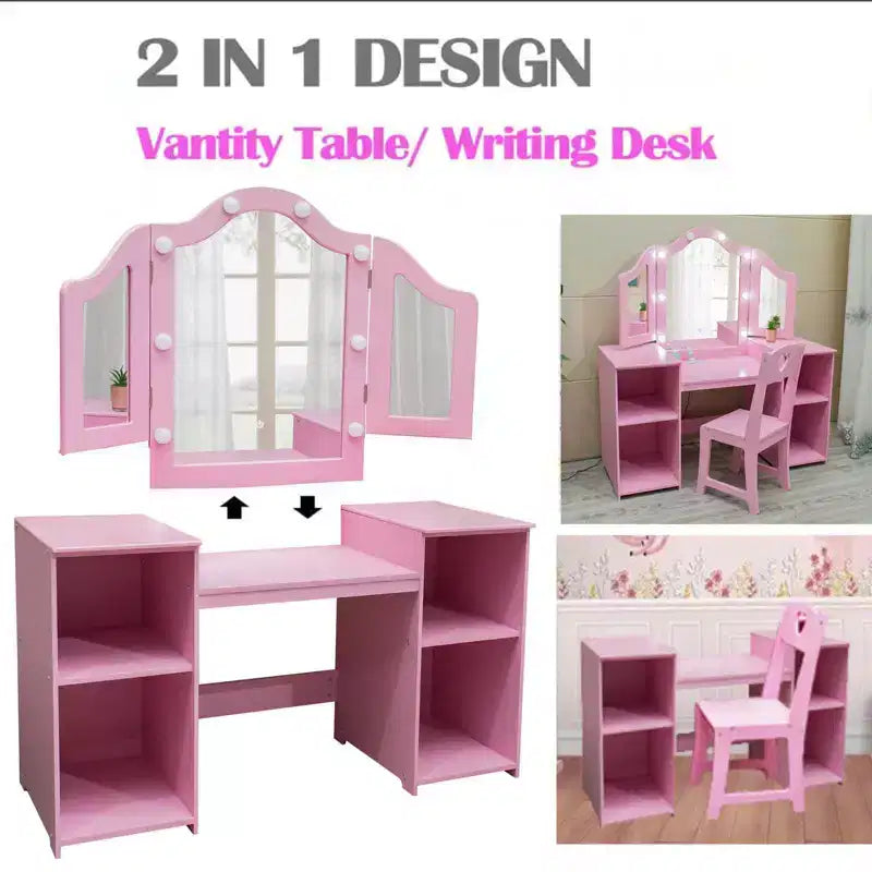Tavolo e Sedia da Toilette per Bambini, Tavolo e Sedia da Trucco per Principessa, Specchio Tri-Pieghevole Rimovibile, Tavolo da Trucco in Legno per Bambini, per Camera da Letto