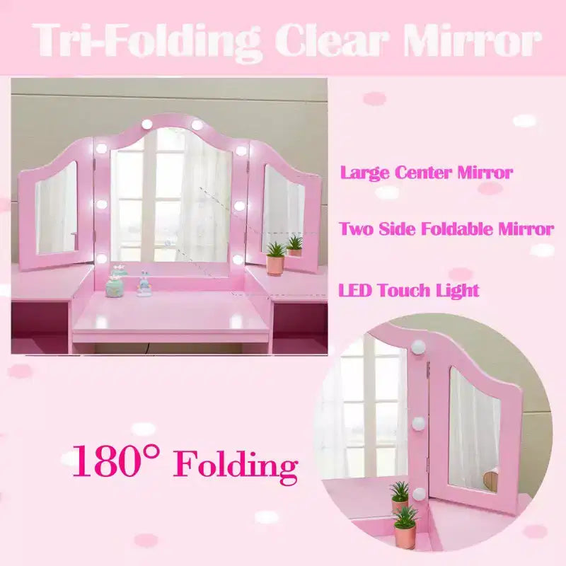 Tavolo e Sedia da Toilette per Bambini, Tavolo e Sedia da Trucco per Principessa, Specchio Tri-Pieghevole Rimovibile, Tavolo da Trucco in Legno per Bambini, per Camera da Letto