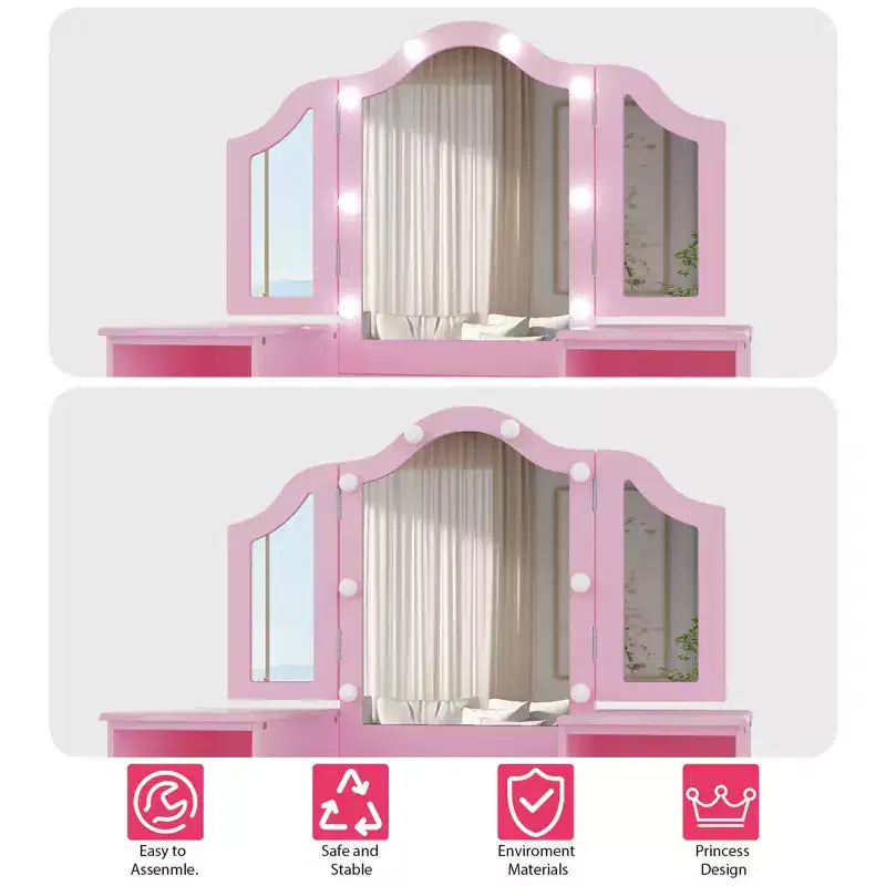 Tavolo e Sedia da Toilette per Bambini, Tavolo e Sedia da Trucco per Principessa, Specchio Tri-Pieghevole Rimovibile, Tavolo da Trucco in Legno per Bambini, per Camera da Letto