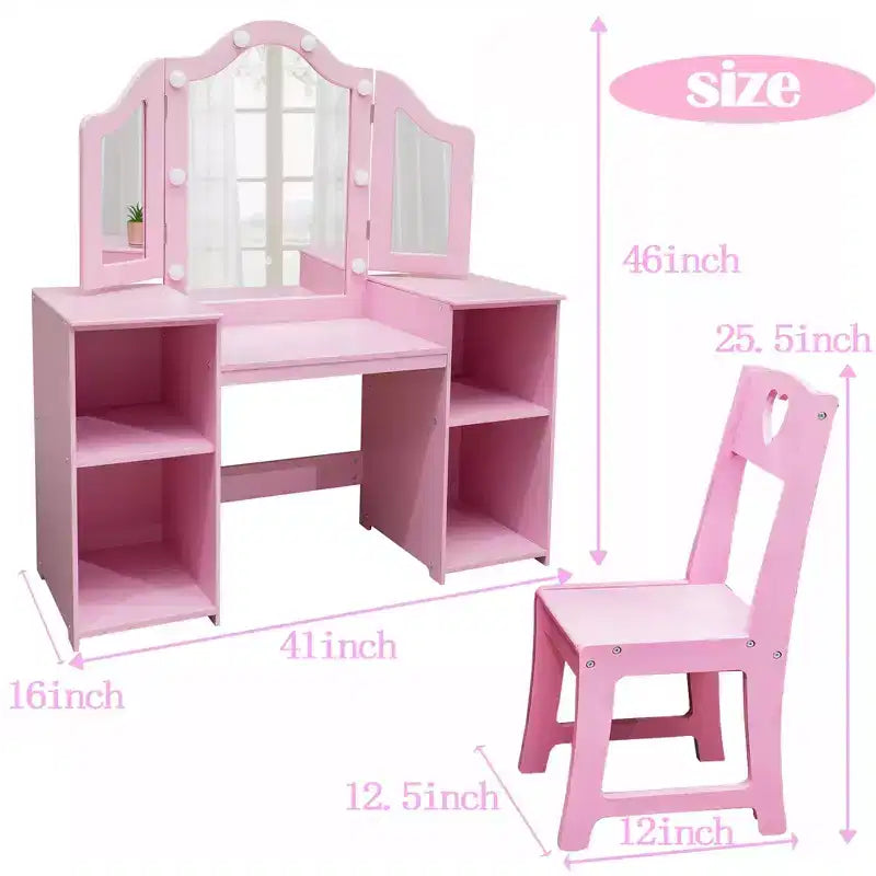 Tavolo e Sedia da Toilette per Bambini, Tavolo e Sedia da Trucco per Principessa, Specchio Tri-Pieghevole Rimovibile, Tavolo da Trucco in Legno per Bambini, per Camera da Letto