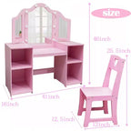 Tavolo e Sedia da Toilette per Bambini, Tavolo e Sedia da Trucco per Principessa, Specchio Tri-Pieghevole Rimovibile, Tavolo da Trucco in Legno per Bambini, per Camera da Letto