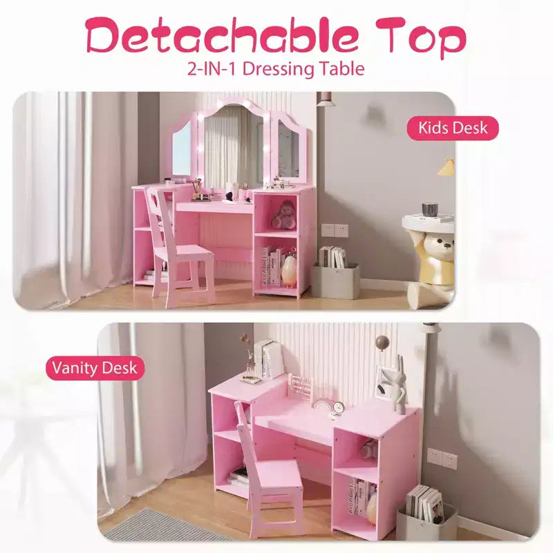 Tavolo e Sedia da Toilette per Bambini, Tavolo e Sedia da Trucco per Principessa, Specchio Tri-Pieghevole Rimovibile, Tavolo da Trucco in Legno per Bambini, per Camera da Letto
