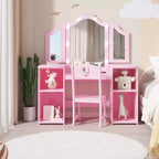 Tavolo e Sedia da Toilette per Bambini, Tavolo e Sedia da Trucco per Principessa, Specchio Tri-Pieghevole Rimovibile, Tavolo da Trucco in Legno per Bambini, per Camera da Letto
