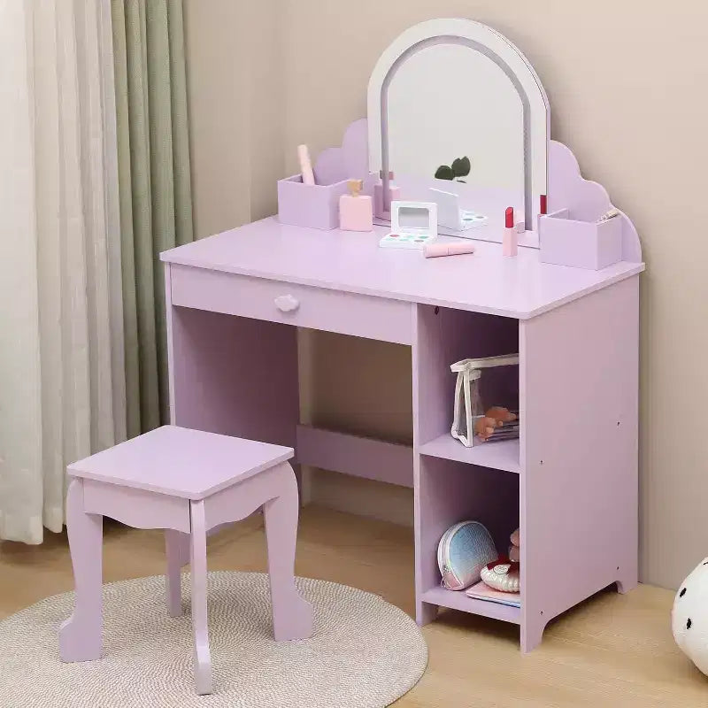 Toeletta con specchio, sgabello, cassetto e ripiani portaoggetti per bambine, tavolo da trucco per principesse