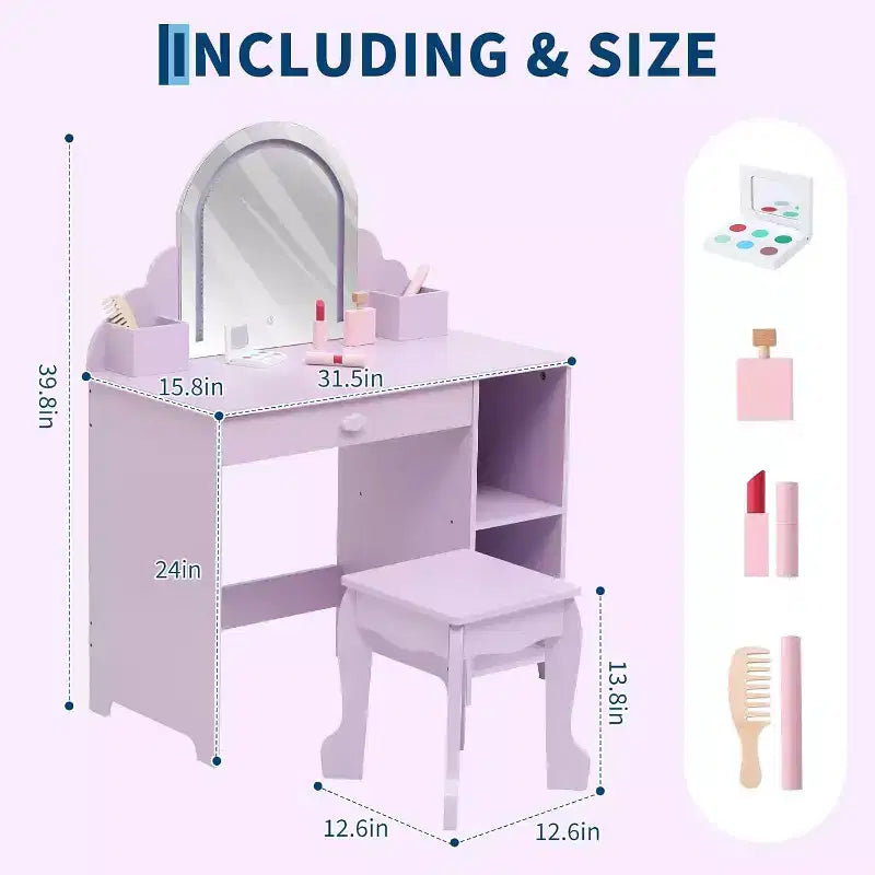 Toeletta con specchio, sgabello, cassetto e ripiani portaoggetti per bambine, tavolo da trucco per principesse