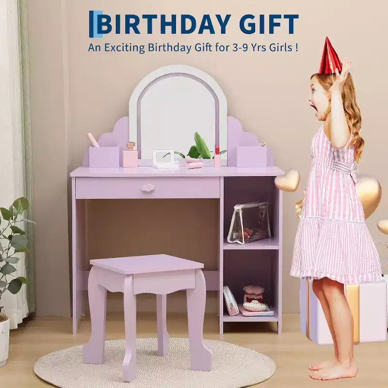 Toeletta con specchio, sgabello, cassetto e ripiani portaoggetti per bambine, tavolo da trucco per principesse