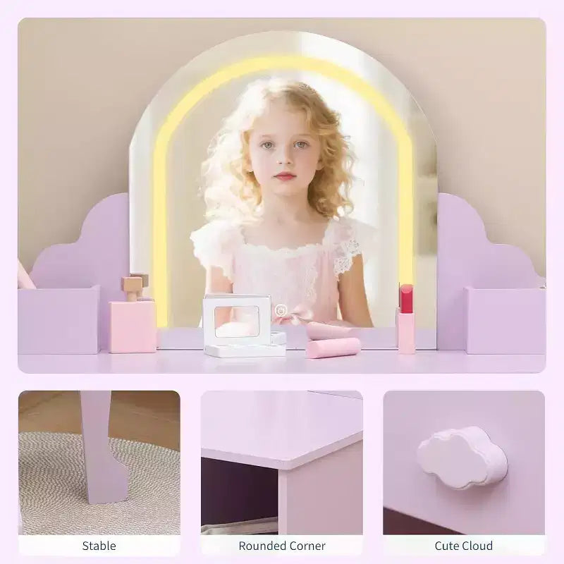Toeletta con specchio, sgabello, cassetto e ripiani portaoggetti per bambine, tavolo da trucco per principesse