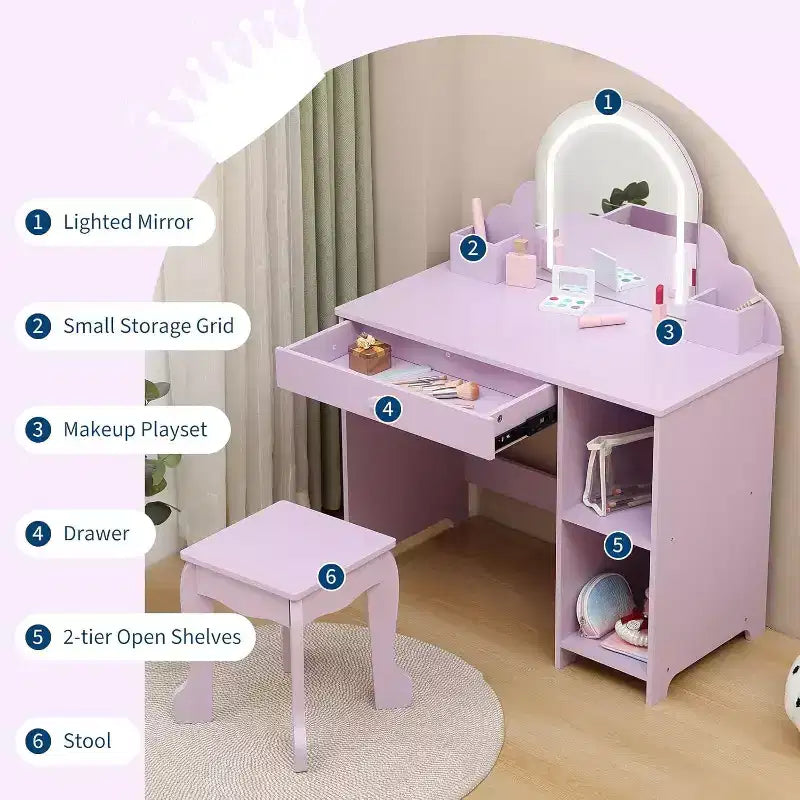 Toeletta con specchio, sgabello, cassetto e ripiani portaoggetti per bambine, tavolo da trucco per principesse