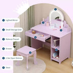 Toeletta con specchio, sgabello, cassetto e ripiani portaoggetti per bambine, tavolo da trucco per principesse