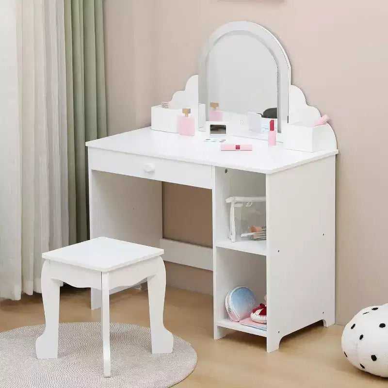 Toeletta con specchio, sgabello, cassetto e ripiani portaoggetti per bambine, tavolo da trucco per principesse