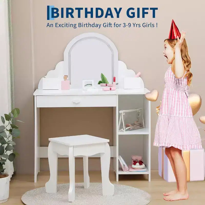 Toeletta con specchio, sgabello, cassetto e ripiani portaoggetti per bambine, tavolo da trucco per principesse