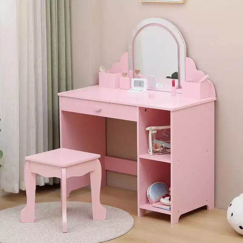 Toeletta con specchio, sgabello, cassetto e ripiani portaoggetti per bambine, tavolo da trucco per principesse