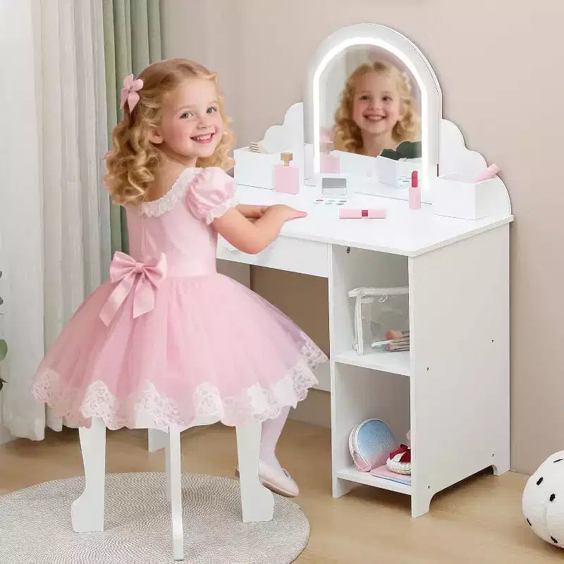 Toeletta con specchio, sgabello, cassetto e ripiani portaoggetti per bambine, tavolo da trucco per principesse