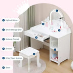 Toeletta con specchio, sgabello, cassetto e ripiani portaoggetti per bambine, tavolo da trucco per principesse