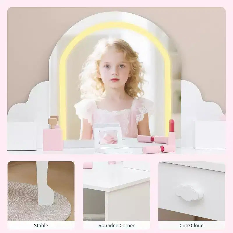 Toeletta con specchio, sgabello, cassetto e ripiani portaoggetti per bambine, tavolo da trucco per principesse