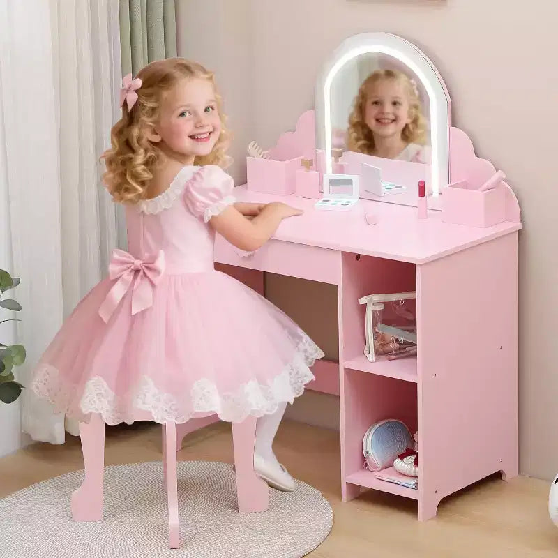 Toeletta con specchio, sgabello, cassetto e ripiani portaoggetti per bambine, tavolo da trucco per principesse