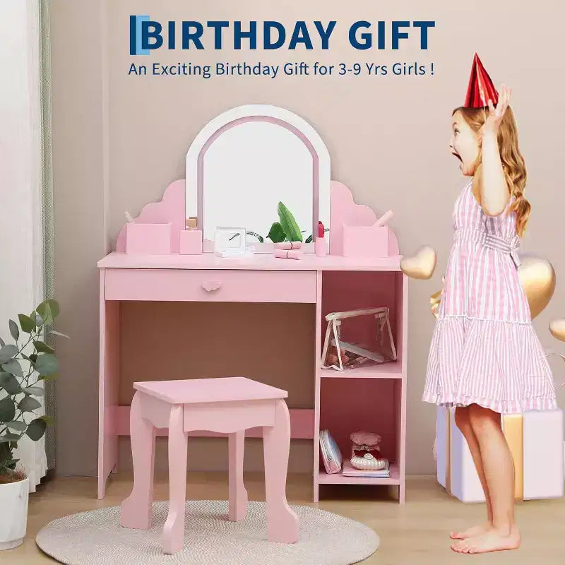 Toeletta con specchio, sgabello, cassetto e ripiani portaoggetti per bambine, tavolo da trucco per principesse