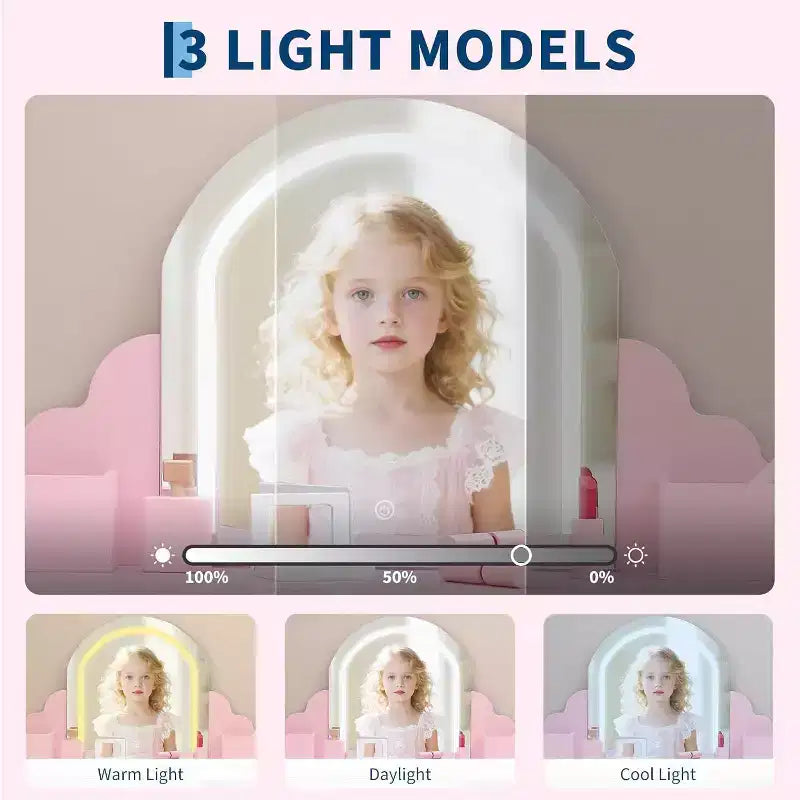 Toeletta con specchio, sgabello, cassetto e ripiani portaoggetti per bambine, tavolo da trucco per principesse