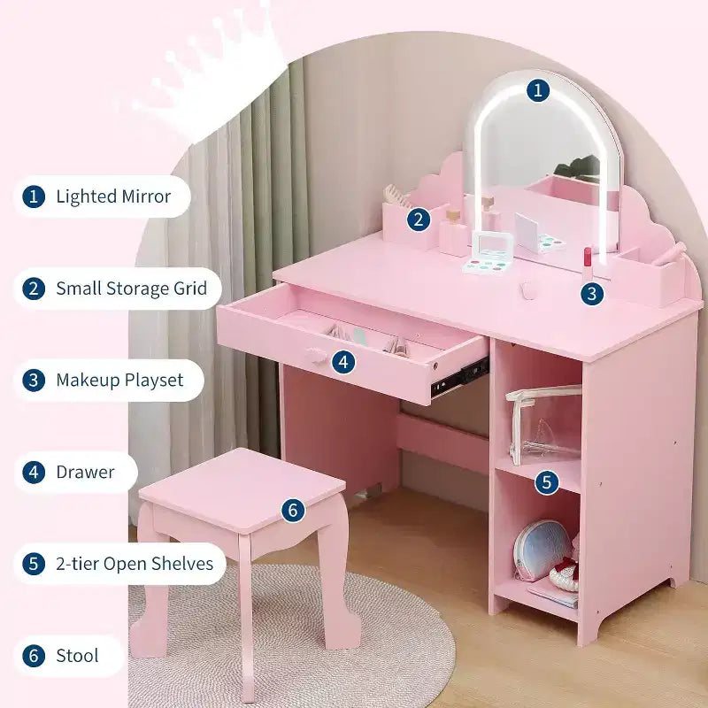 Toeletta con specchio, sgabello, cassetto e ripiani portaoggetti per bambine, tavolo da trucco per principesse