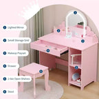 Toeletta con specchio, sgabello, cassetto e ripiani portaoggetti per bambine, tavolo da trucco per principesse