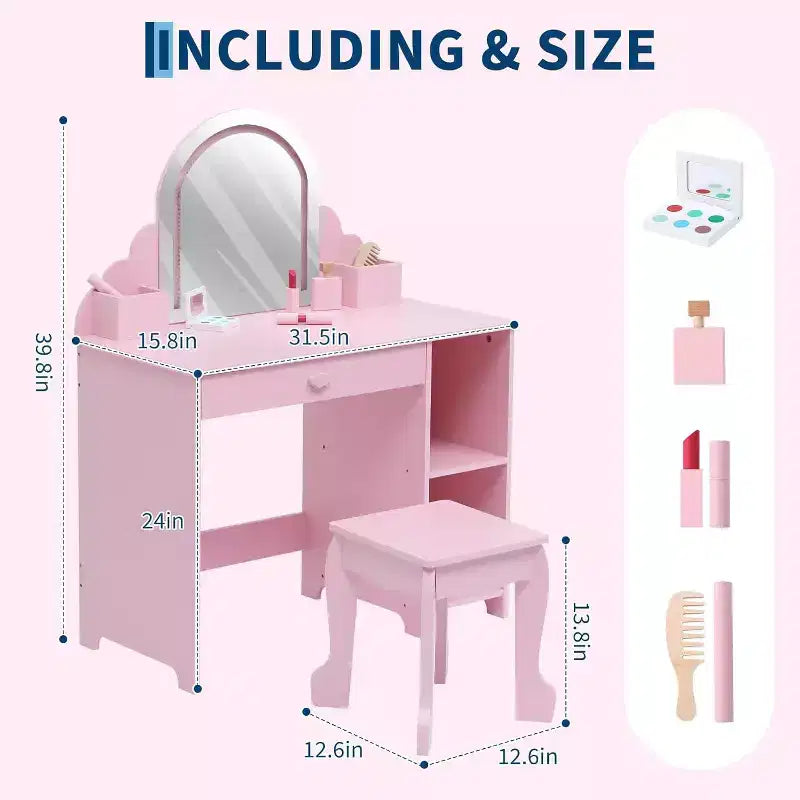 Toeletta con specchio, sgabello, cassetto e ripiani portaoggetti per bambine, tavolo da trucco per principesse