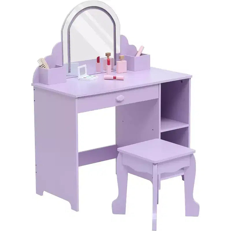 Toeletta con specchio, sgabello, cassetto e ripiani portaoggetti per bambine, tavolo da trucco per principesse