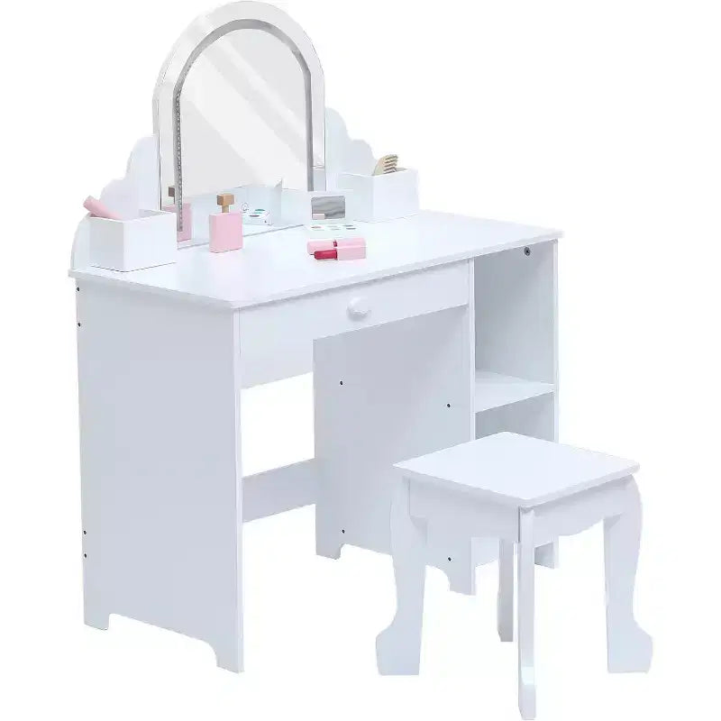 Toeletta con specchio, sgabello, cassetto e ripiani portaoggetti per bambine, tavolo da trucco per principesse
