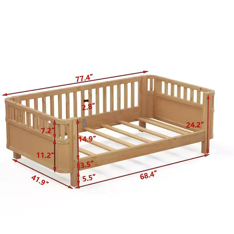 Letto a piattaforma singolo con sponde per bambine e bambini, robusto telaio in legno