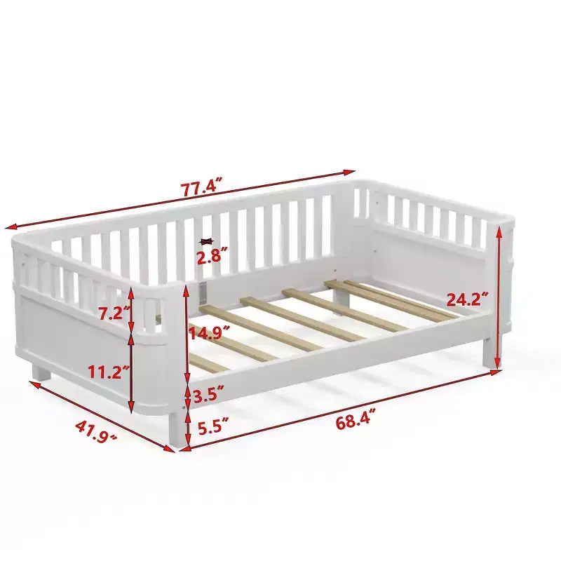 Letto a piattaforma singolo con sponde per bambine e bambini, robusto telaio in legno