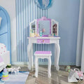 Toeletta per Bambini, Tavolo da Trucco da Principessa in Legno con Sgabello, Specchio a Tre Ante, Ampio Cassetto e Solide Gambe in Legno, Viola
