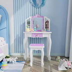 Toeletta per Bambini, Tavolo da Trucco da Principessa in Legno con Sgabello, Specchio a Tre Ante, Ampio Cassetto e Solide Gambe in Legno, Viola