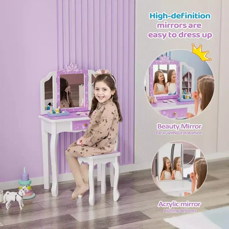 Toeletta per Bambini, Tavolo da Trucco da Principessa in Legno con Sgabello, Specchio a Tre Ante, Ampio Cassetto e Solide Gambe in Legno, Viola