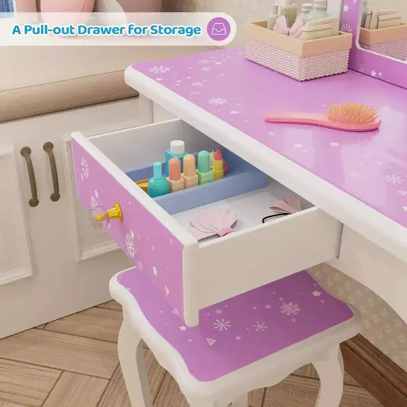 Toeletta per Bambini, Tavolo da Trucco da Principessa in Legno con Sgabello, Specchio a Tre Ante, Ampio Cassetto e Solide Gambe in Legno, Viola