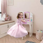 Toeletta per Bambini, Tavolo da Trucco da Principessa in Legno con Sgabello, Specchio a Tre Ante, Ampio Cassetto e Solide Gambe in Legno, Viola